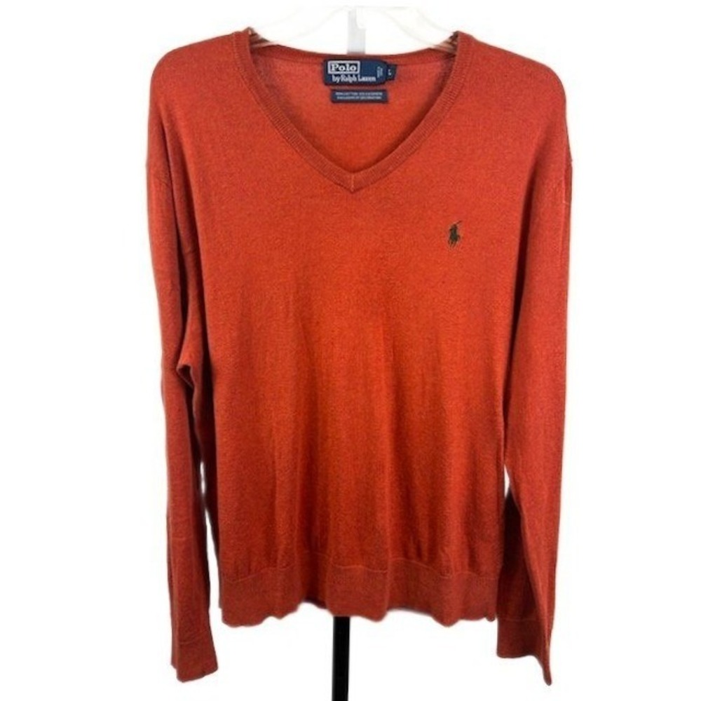 Polo Ralph Lauren V Neck Sweater Mens Size Large Orange Cotton Cashmere Blend‎